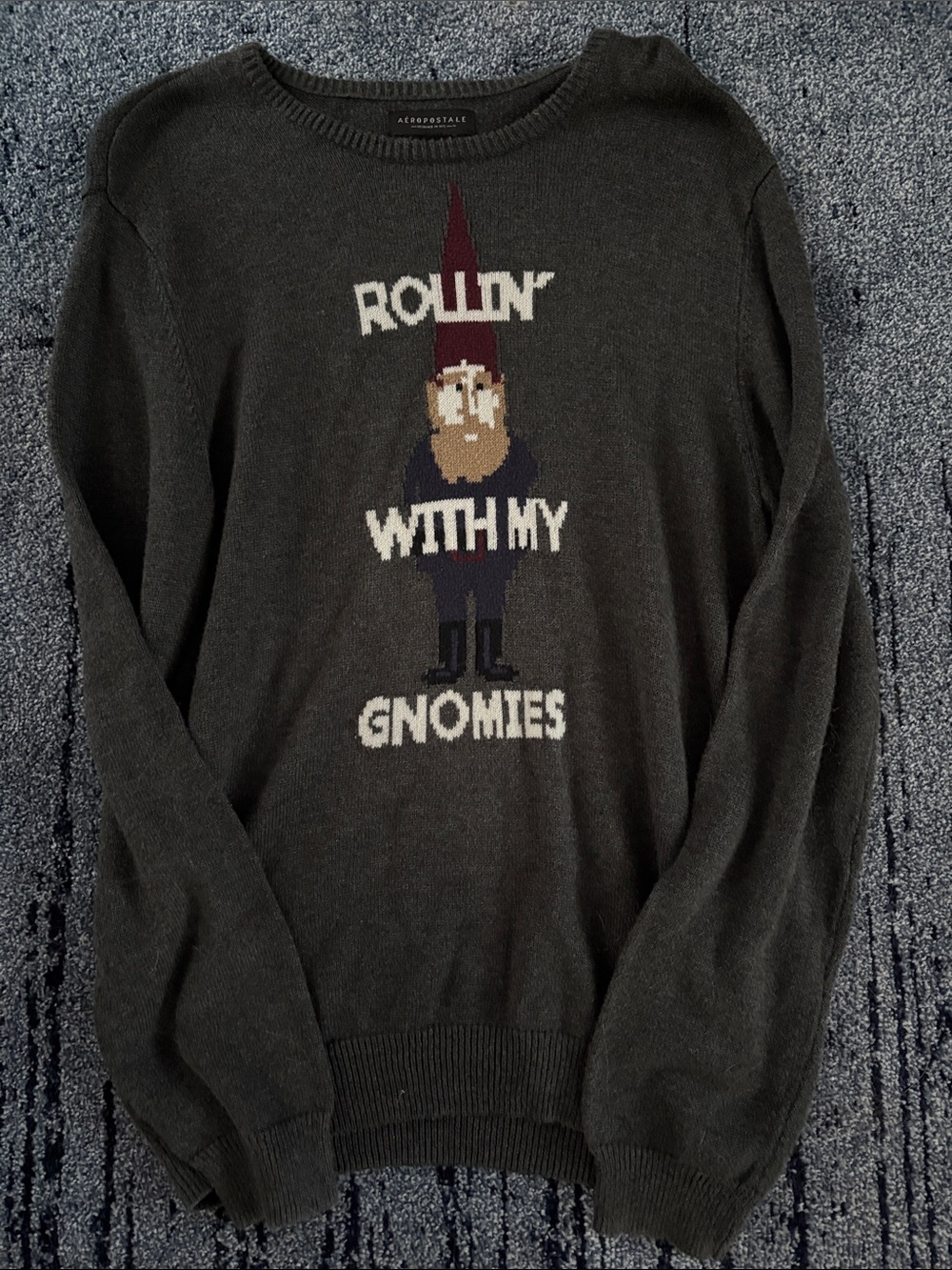 Aeropostale Men's Dark Gray Crewneck Sweater with Gnome Graphic